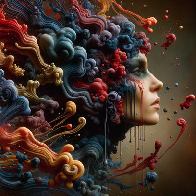 The primary subject of the image is a woman with a vibrant and colorful head, featuring a mix of blue, red, yellow, and orange colors. The setting is a painting or digital artwork, showcasing the woman's unique and artistic appearance. The visual style is a combination of photo, digital art, and illustration, creating a captivating and eye-catching image. The colors and mood of the image are lively and energetic, reflecting the woman's vibrant personality and the artistic expression of the artist.